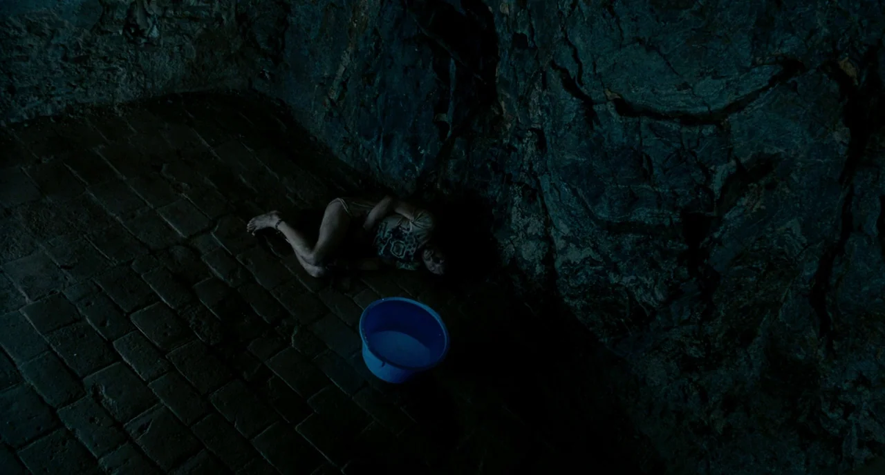 The Skin I Live In (2011) movie still: wide — A dimly lit stone enclosure features a rough-hewn rock wall and paved floor. A woman lies in a fetal…