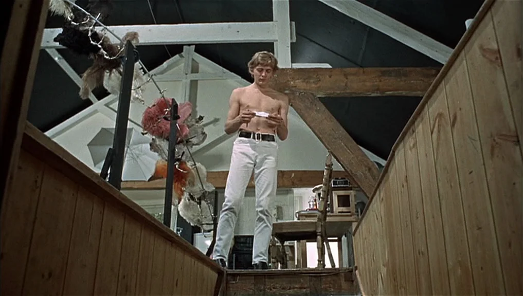 Blow-Up (1966) movie still: fullbody — An attic space with exposed wooden beams and paneled walls contains assorted props. A shirtless man stands on…
