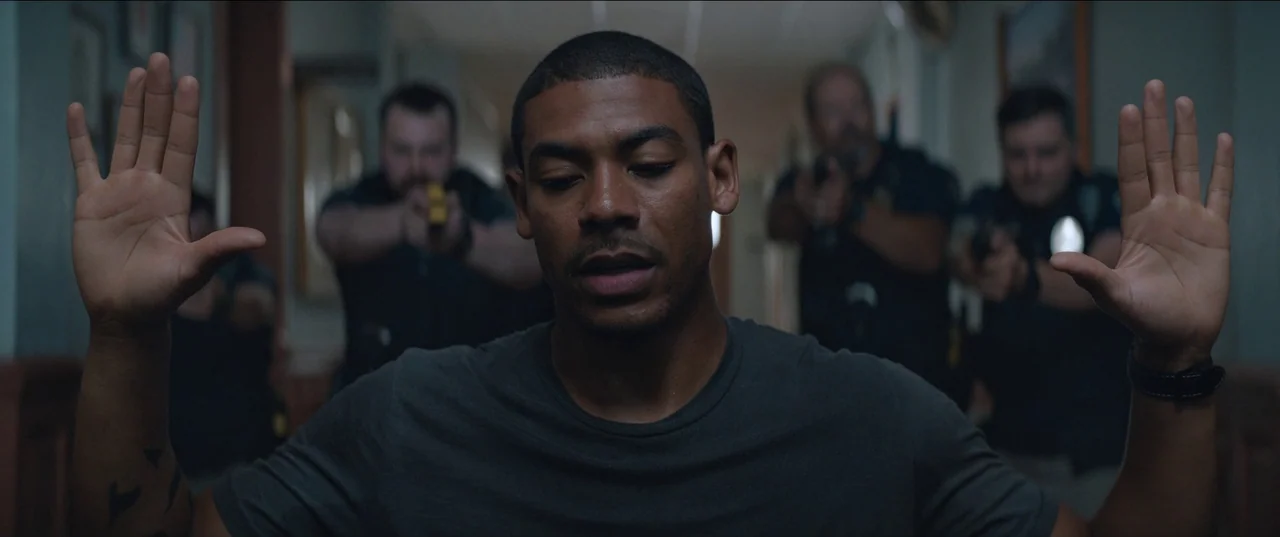 Rebel Ridge (2024) movie still: medium — A dimly lit indoor passage featuring multiple police officers in tactical gear with weapons drawn. A man…