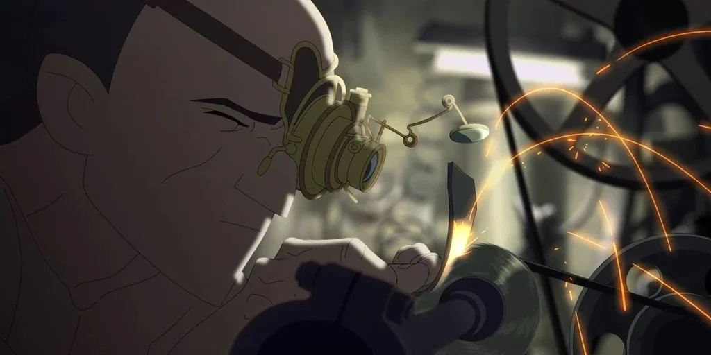 Love, Death & Robots (2019) movie still: closeup — A dark, cluttered workshop contains machinery and tools used for precise mechanical work. The man…