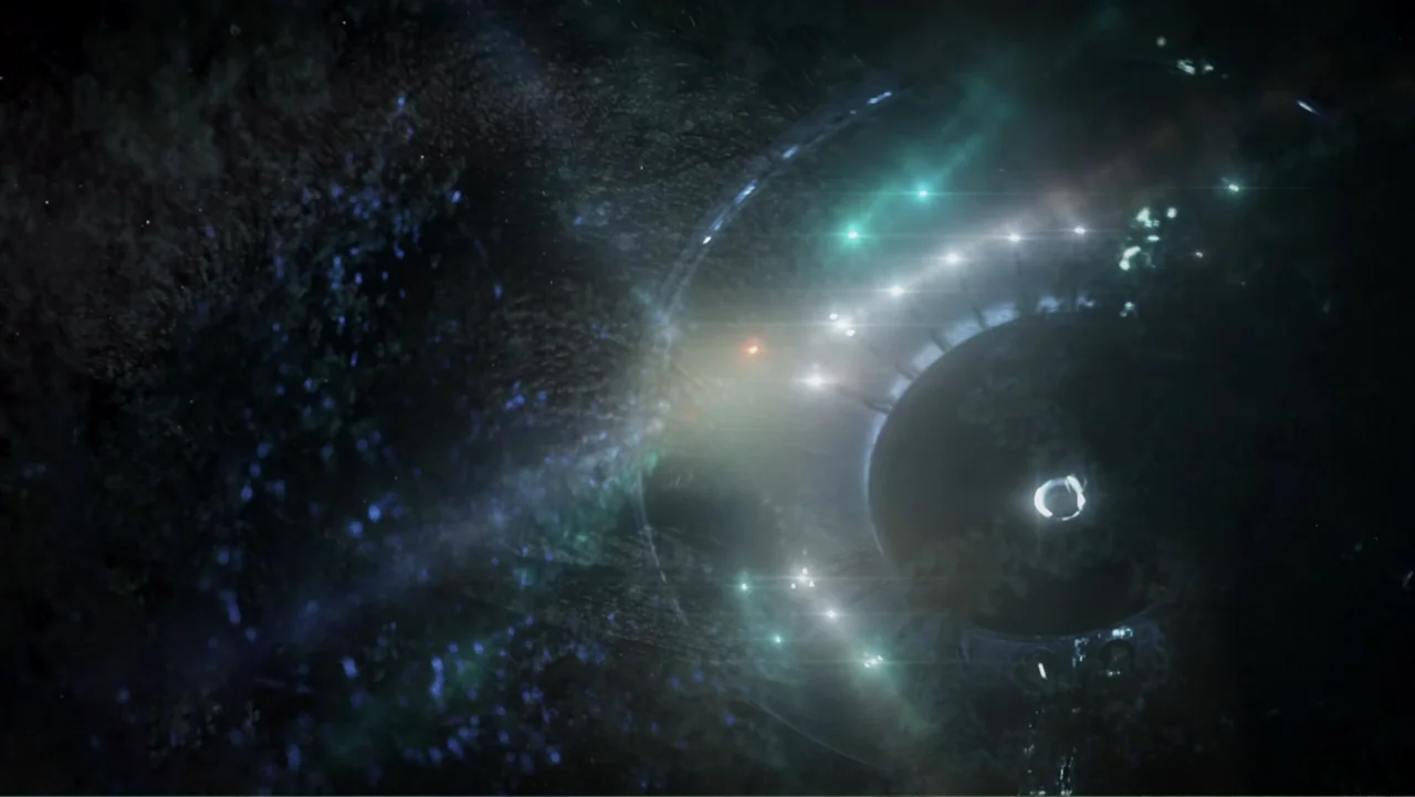 Alien Abduction: Betty and Barney Hill (2022) movie still: establishing — A dark circular object with bright lights hovers over a dense wooded area…