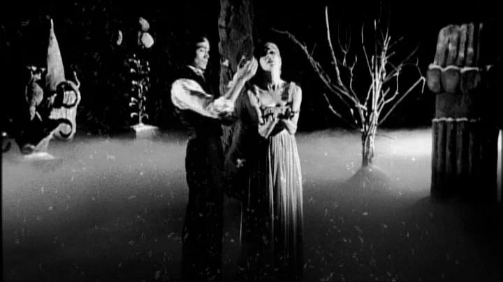 Dracula: Pages from a Virgin’s Diary (2002) movie still: fullbody — A surrealist set with sculptural objects, stylized trees, and low-lying ground…