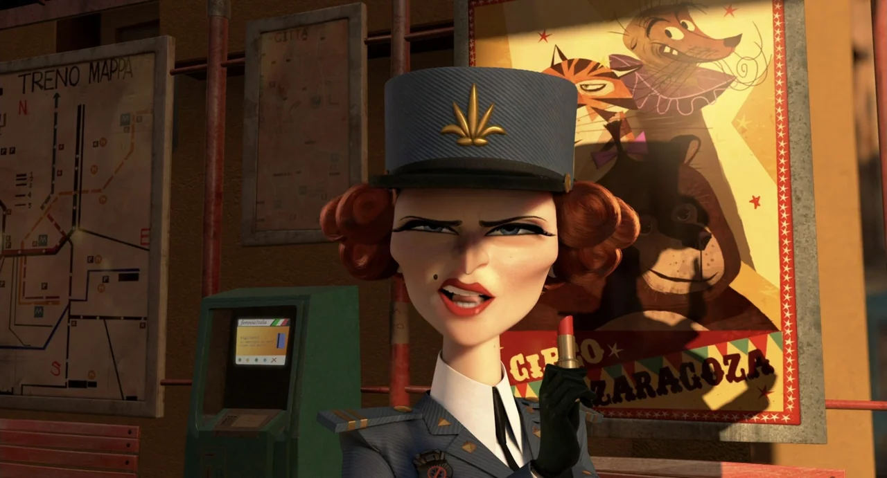 Madagascar 3: Europe's Most Wanted (2012) movie still: medium — An outdoor train station platform features a yellow wall with vintage circus…