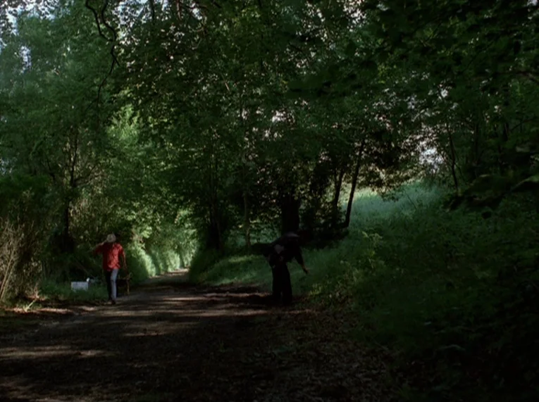Keep Your Right Up (1987) movie still: wide — A rural dirt path winds through a dense tunnel of mature green trees. Two men are working or standing…