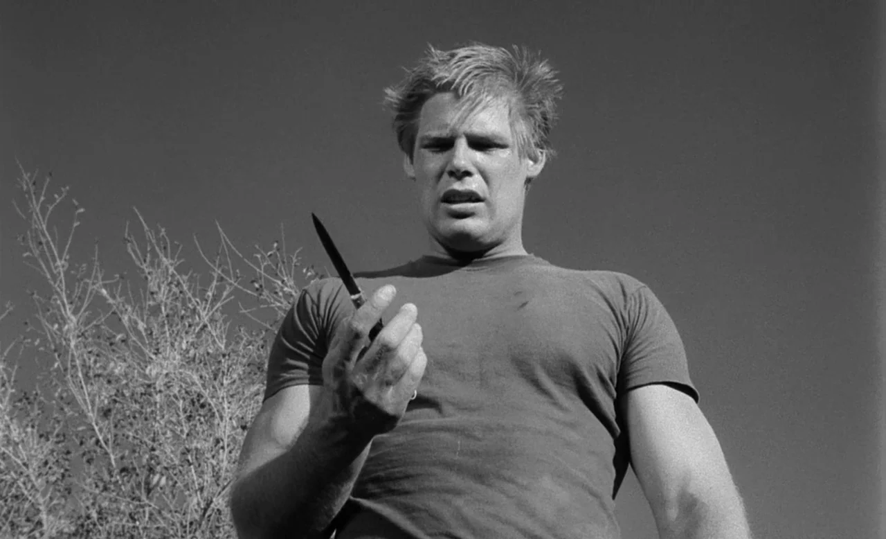 Faster, Pussycat! Kill! Kill! (1965) movie still: medium — An open field under a clear sky with a sparse, dry bush in view. A young blonde man looks…