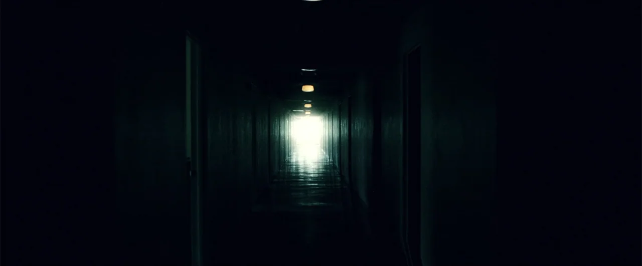 Lights Out (2016) movie still: establishing — A long, dark apartment building hallway features rows of doors along both side walls. The narrow space…