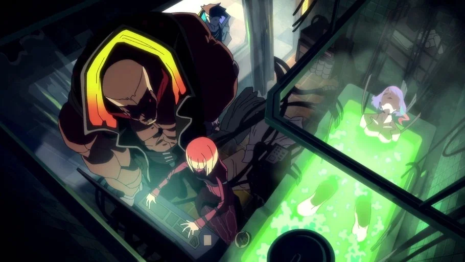 Cyberpunk: Edgerunners (2022) movie still: wide — A dark, industrial room is illuminated by the intense green light of a vat. A large bald man and a…