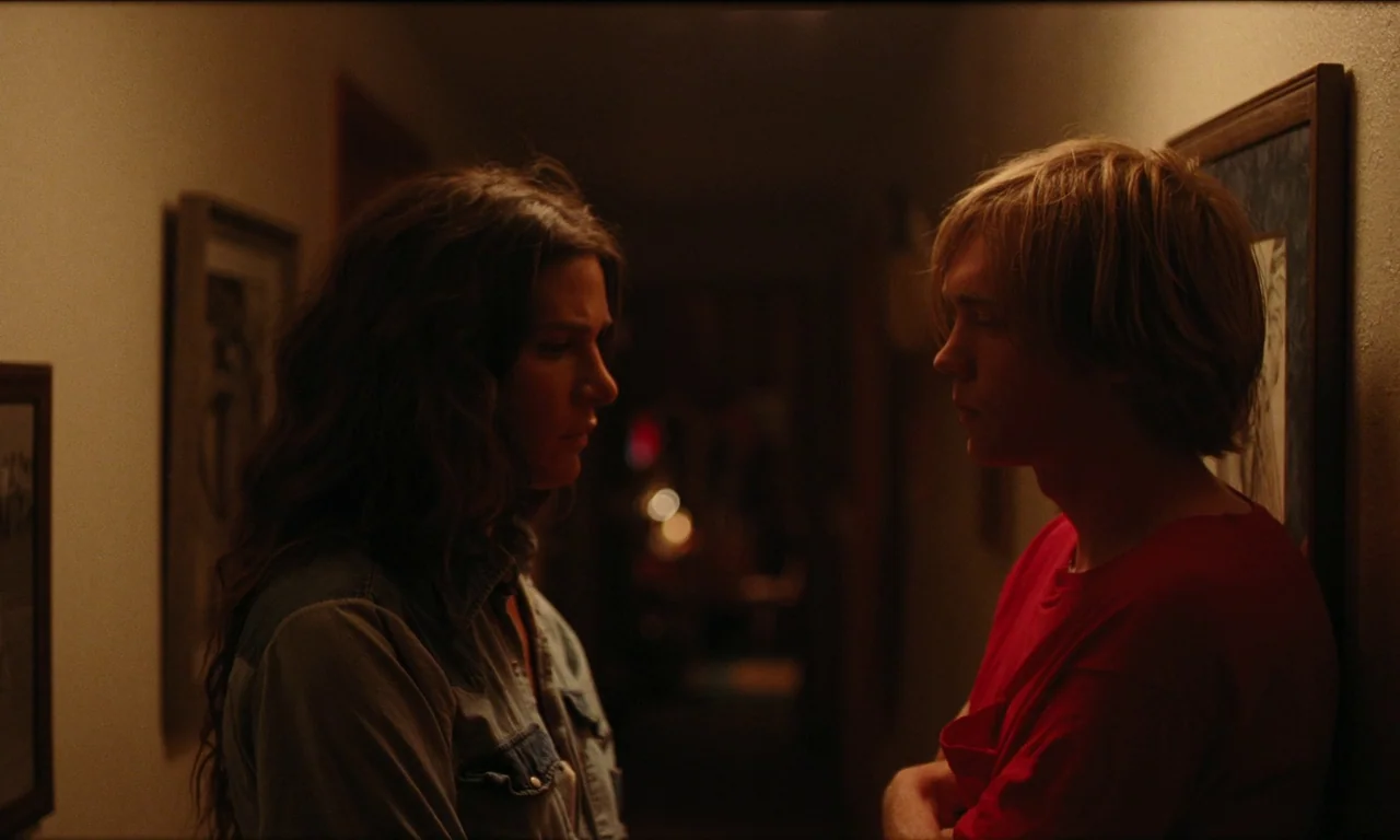 National Anthem (2023) movie still: medium — A dark residential hallway with framed artwork hanging on the beige walls. A man and a woman stand…
