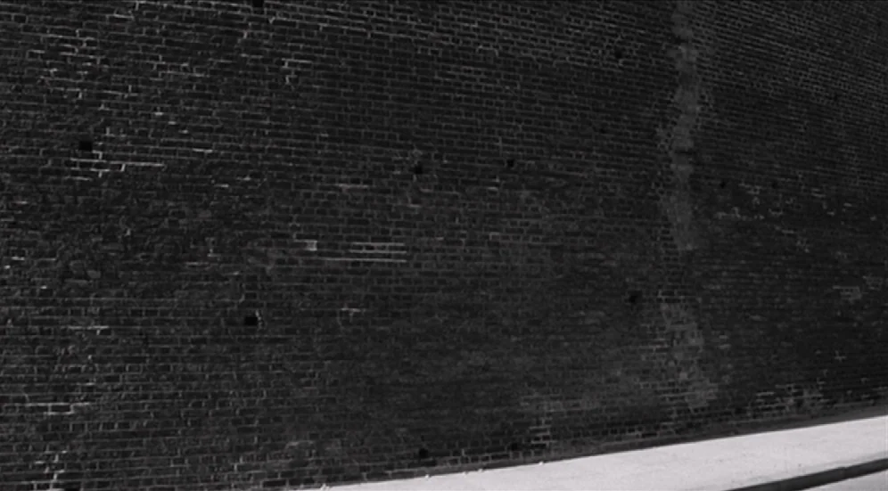 Suddenly, Last Summer (1959) movie still: establishing — A dark brick wall runs diagonally across the frame above a narrow sidewalk. The weathered…