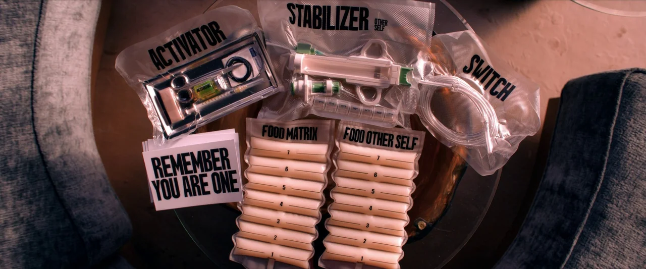 The Substance (2024) movie still: closeup — Medical-style supplies in vacuum-sealed bags are labeled with black sans-serif text. A card bearing the…
