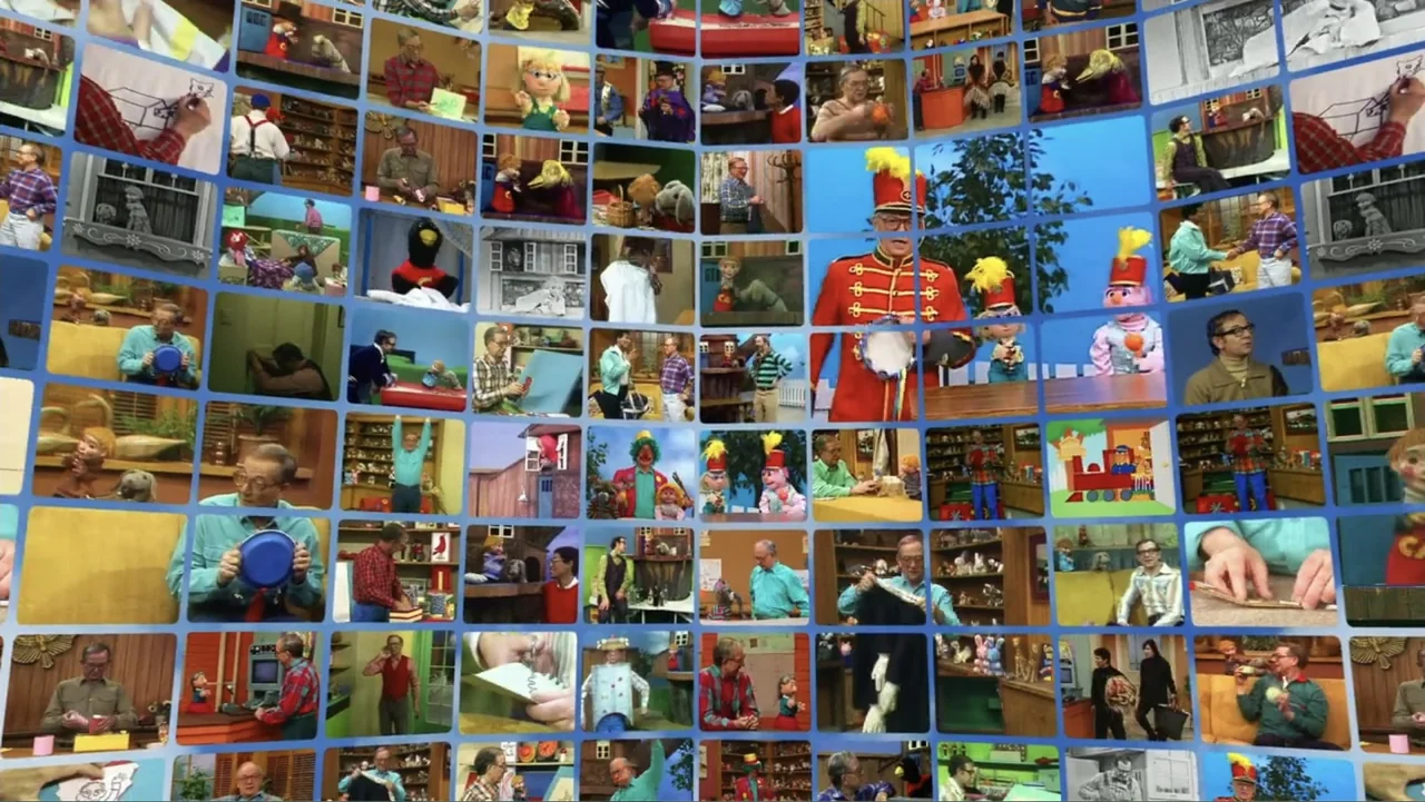 Mr. Dressup: The Magic of Make Believe (2023) movie still: establishing — A digital grid arrangement displays dozens of individual still frames from…