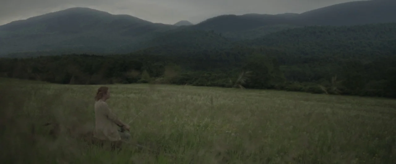 Here Alone movie still: wide — A vast, overgrown grassy field stretches toward a range of tree-covered mountains. A lone woman sits in the tall…