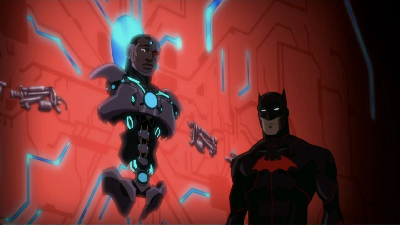 Justice League Dark: Apokolips War (2020) movie still: medium — A dark room features walls embedded with glowing red and cyan circuitry patterns.…