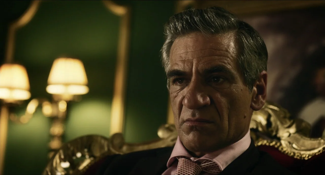 Boyka: Undisputed IV (2016) movie still: closeup — An interior space features deep green walls and ornate gold trim elements. A man in a suit sits…