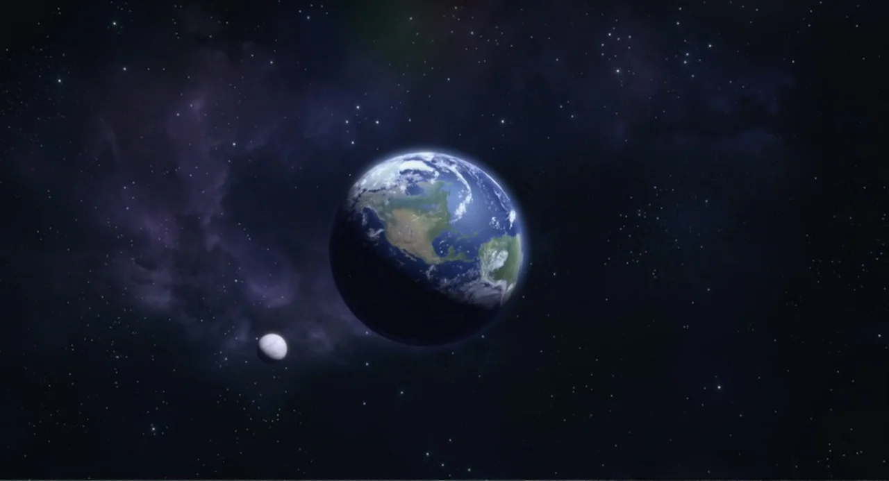 Luis and the Aliens (2018) movie still: establishing — A view of the planet Earth suspended in the dark void of space. A small, distant moon orbits…
