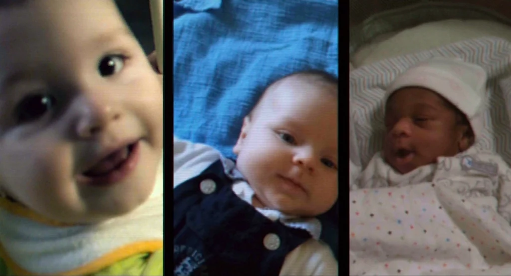 Louder Than Bombs (2015) movie still: This composite image features a triptych of three different babies, each captured in a medium closeup,…