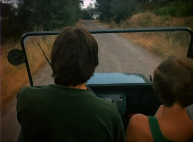 La Collectionneuse (1967) movie still: medium — A rural road stretches into the distance, framed by trees and overgrown grassy verges. Two people…