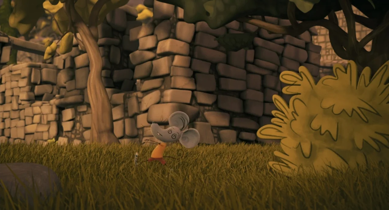 Valentina (1982) movie still: medium — A grassy field sits in front of a dry stone wall at golden hour. A small mouse character walks through the…