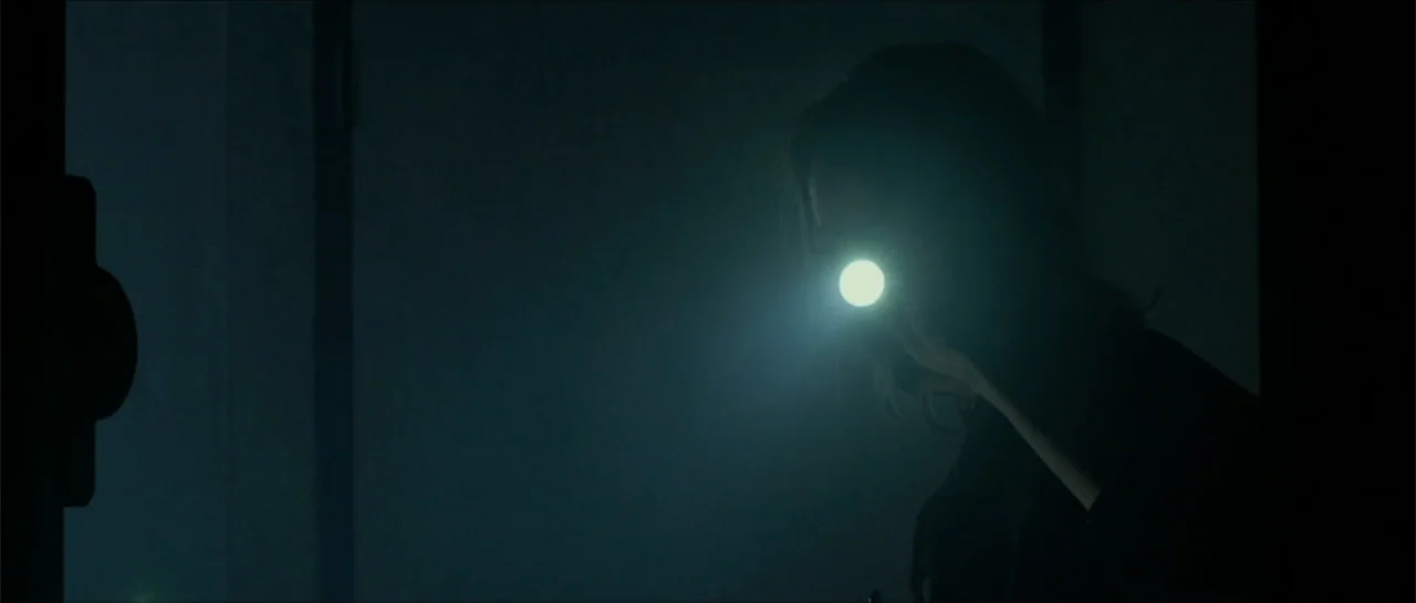 The Vault (2017) movie still: medium — A dark, indistinct indoor space with minimal ambient light and heavy shadows. A person holds a flashlight at…