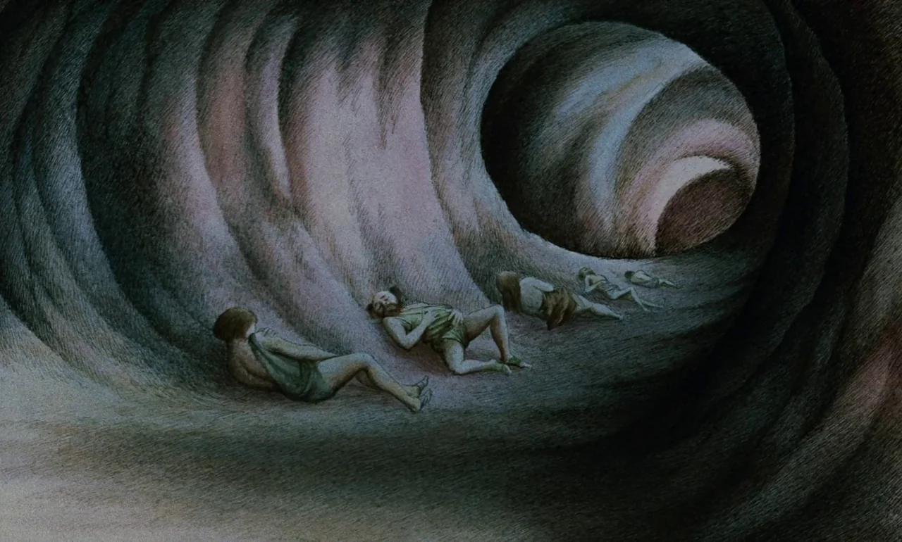 Fantastic Planet (1973) movie still: wide — A curved, fleshy tunnel interior features textured walls and a winding path. Four people lie along the…