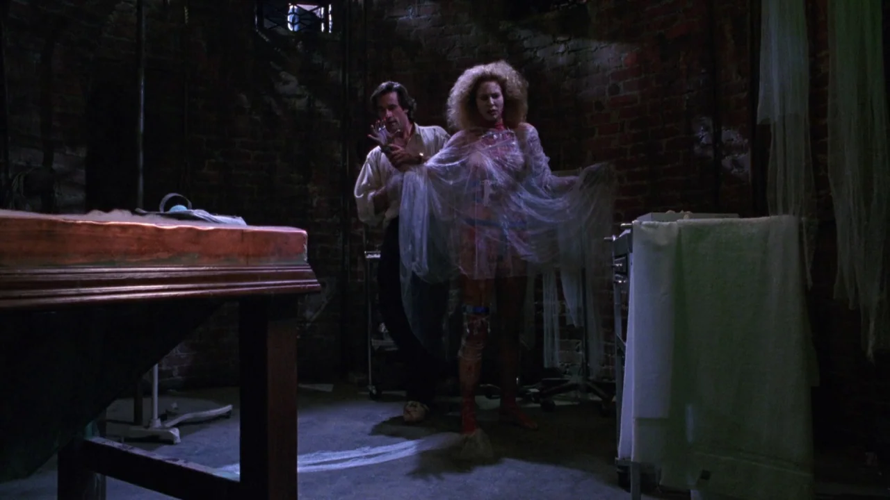 Bride of Reanimator (1989) movie still: fullbody — A dark brick-walled space with medical equipment and hanging fabric sheets. A man stands behind a…