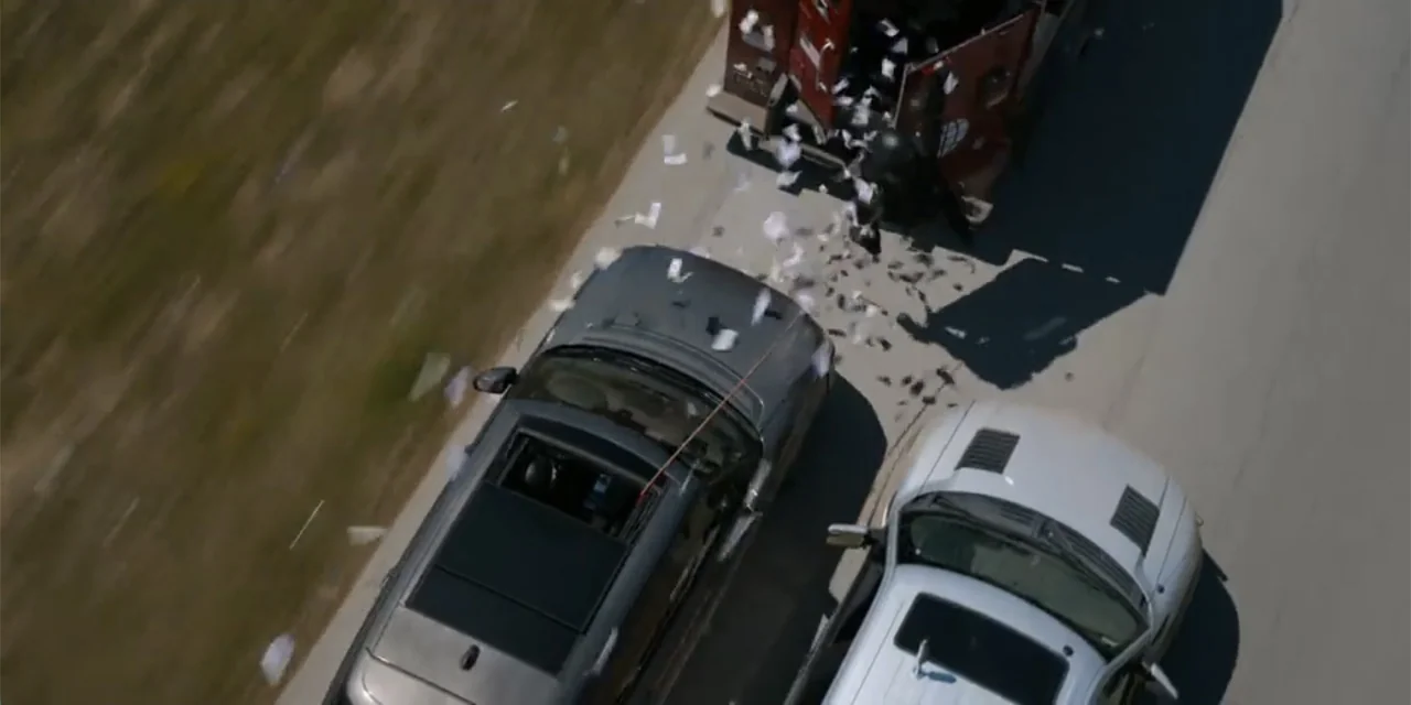 The Pickup (2025) movie still: wide — An aerial view shows a highway with two SUVs following an armored cash truck. Pieces of paper currency scatter…