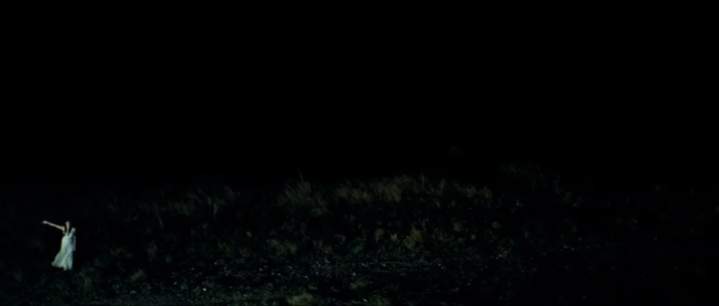 Kill List movie still: wide — A dark, expansive shoreline with tall grass borders the frame at night. A woman in a white dress stands in the…