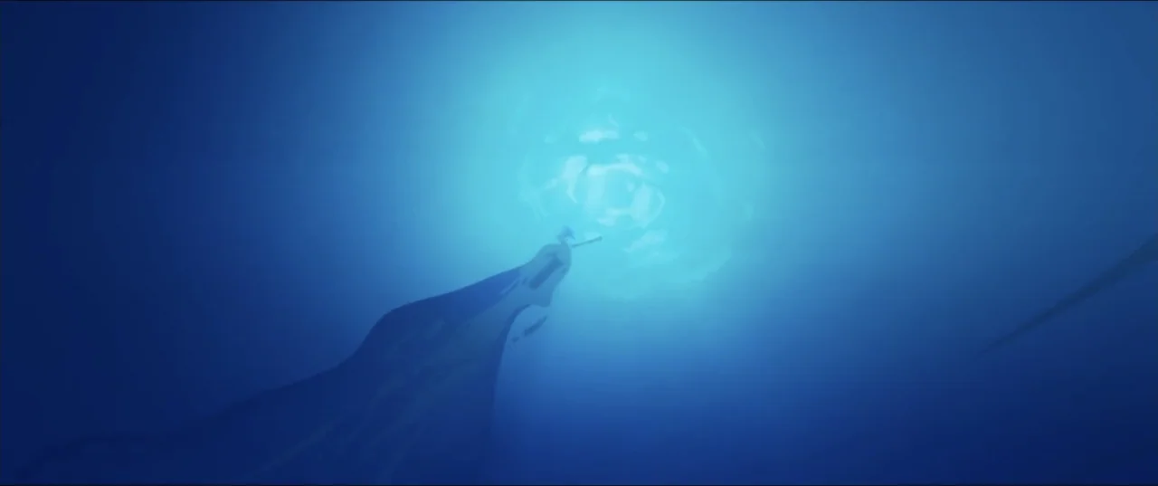 Smurfs (2025) movie still: wide — The deep blue depths of an ocean stretch towards a bright, shimmering surface light. A small silhouette figure…