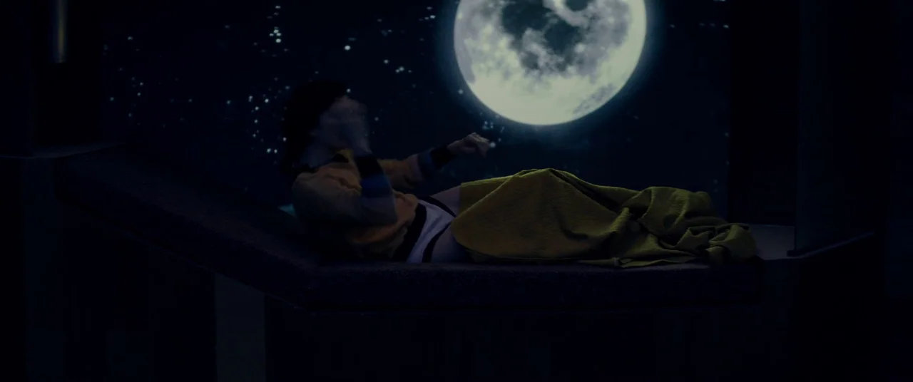 Domain (2017) movie still: wide — A dimly lit observation deck features a large circular window showing a moon. A person rests on a dark reclined…