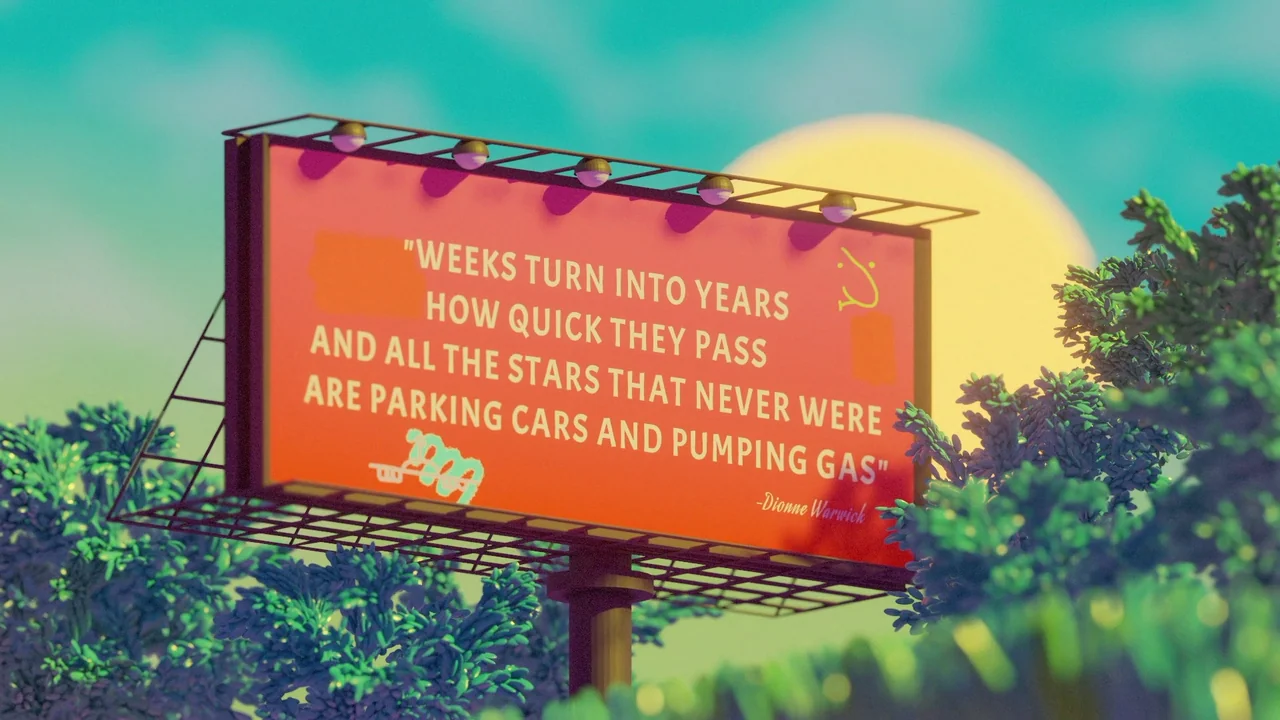 Boys Go To Jupiter (2024) movie still: wide — A metal billboard stands against a bright golden sun and blue sky. The sign displays printed text in a…