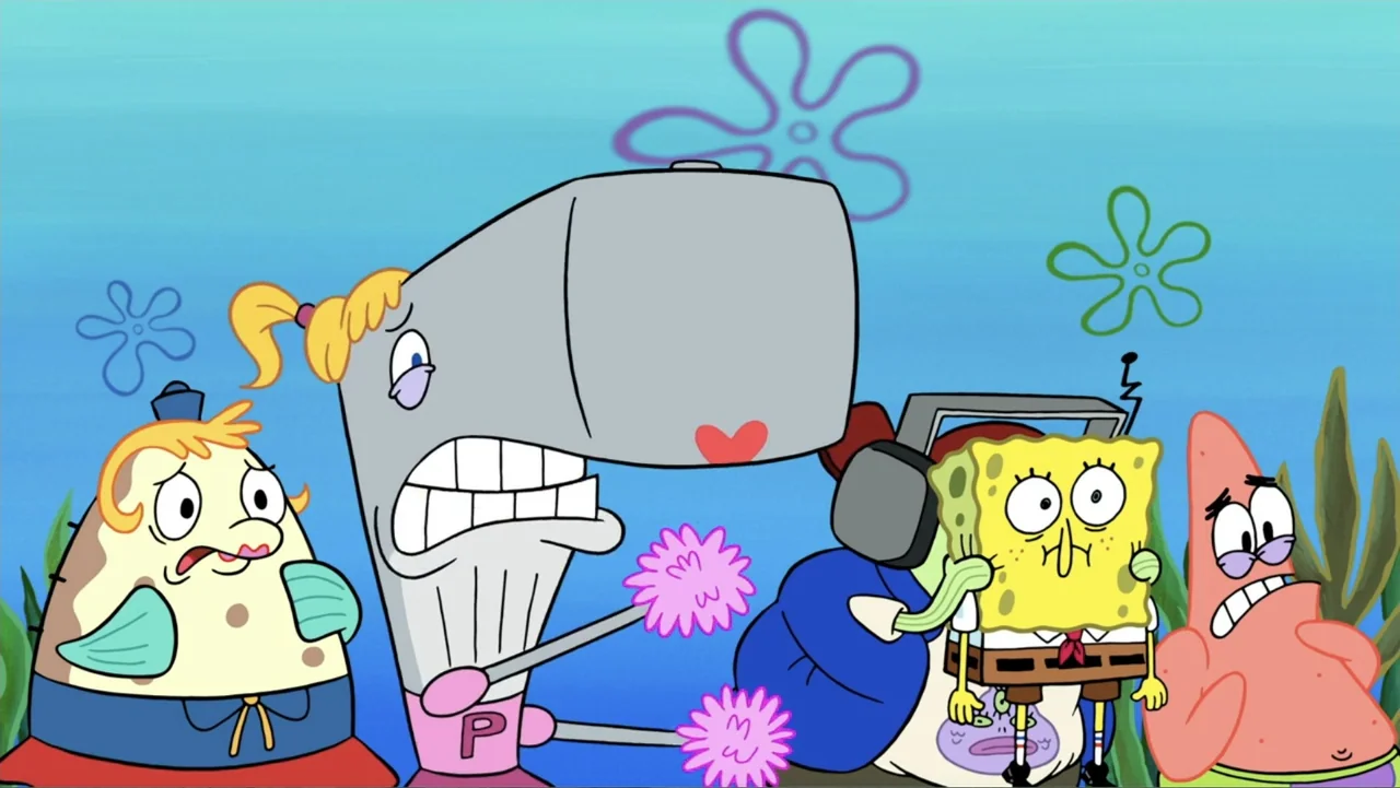 SpongeBob Squarepants: Kreepaway Kamp (2024) movie still: medium — An underwater scene features a group of cartoon characters standing together with…
