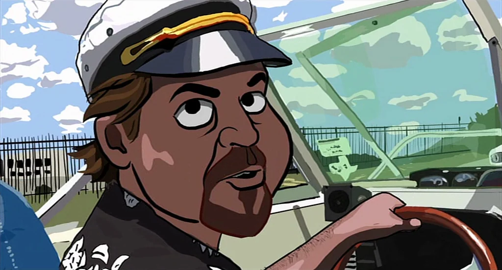 Waking Life (2001) movie still: medium — A man in a captain's hat operates a boat under a cloudy sky. The vessel is near a chain link fence and open…