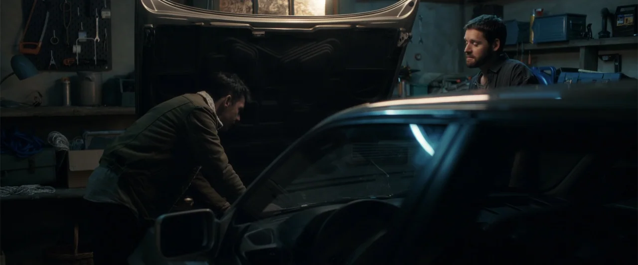 The Good Neighbor (2022) movie still: medium — A cluttered residential garage contains a car with its hood propped open. Two men inspect the…