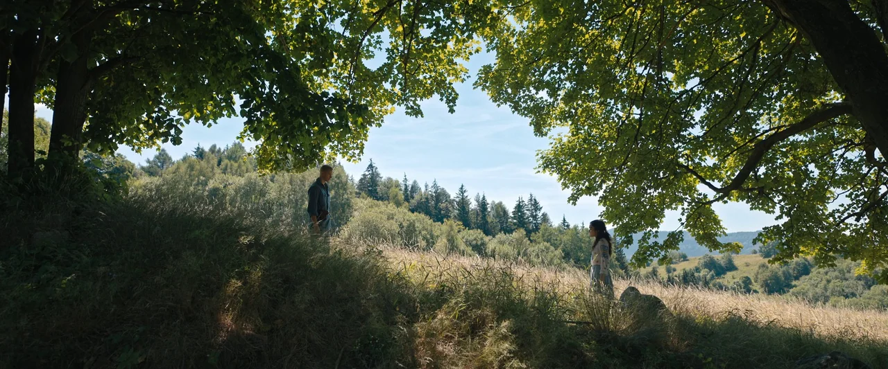 The Hunger Games: The Ballad of Songbirds & Snakes (2023) movie still: wide — A grassy meadow slopes downward under a large tree with dense green…