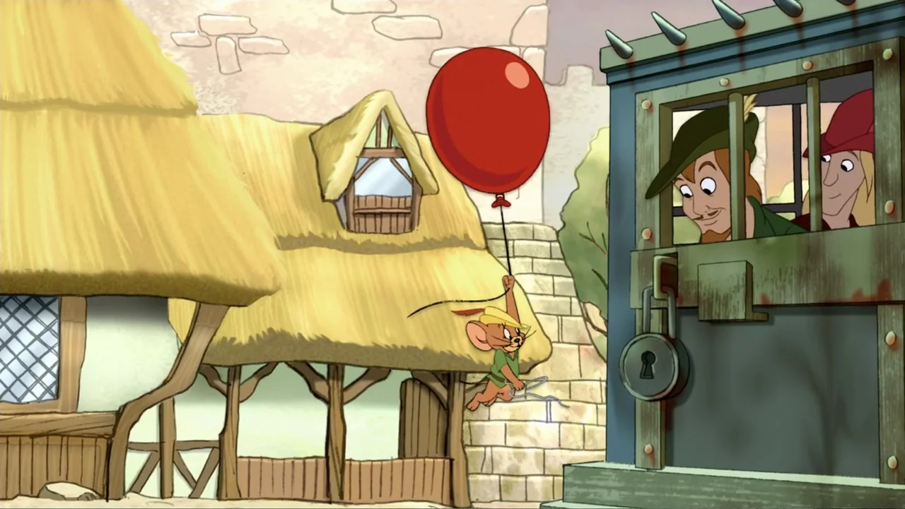 Tom and Jerry: Robin Hood and His Merry Mouse (2012) movie still: medium — A medieval village setting features timber-framed houses with thatched…