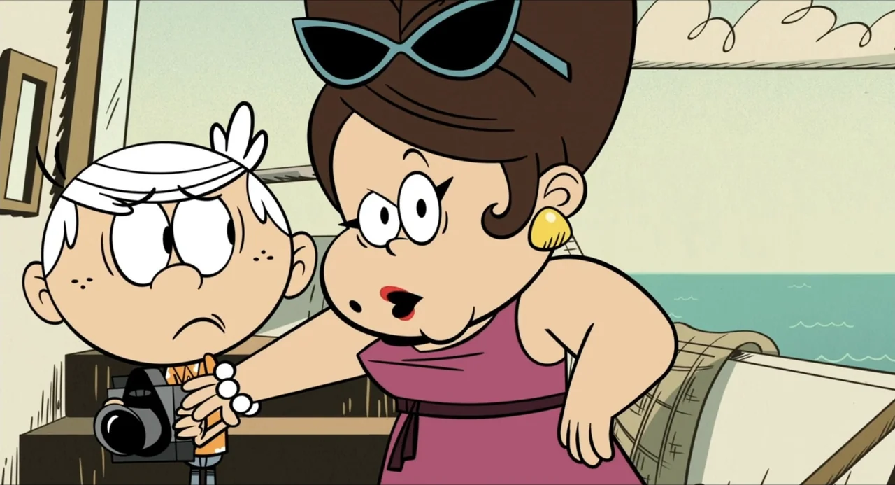 No Time to Spy: A Loud House Movie (2024) movie still: medium — A cartoon illustration shows a beach setting with a body of water nearby. A woman in…