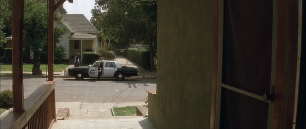 Wild At Heart (1990) movie still: wide — A suburban residential street is seen from the perspective of an open house doorway. A black and white…