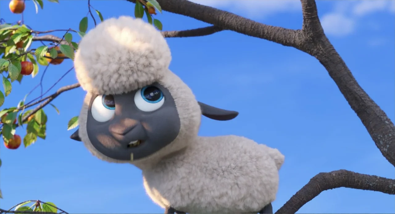 The Secret Life of Pets 2 (2019) movie still: closeup — A fluffy lamb is perched among the branches of a fruit tree. The character sits in the tree…