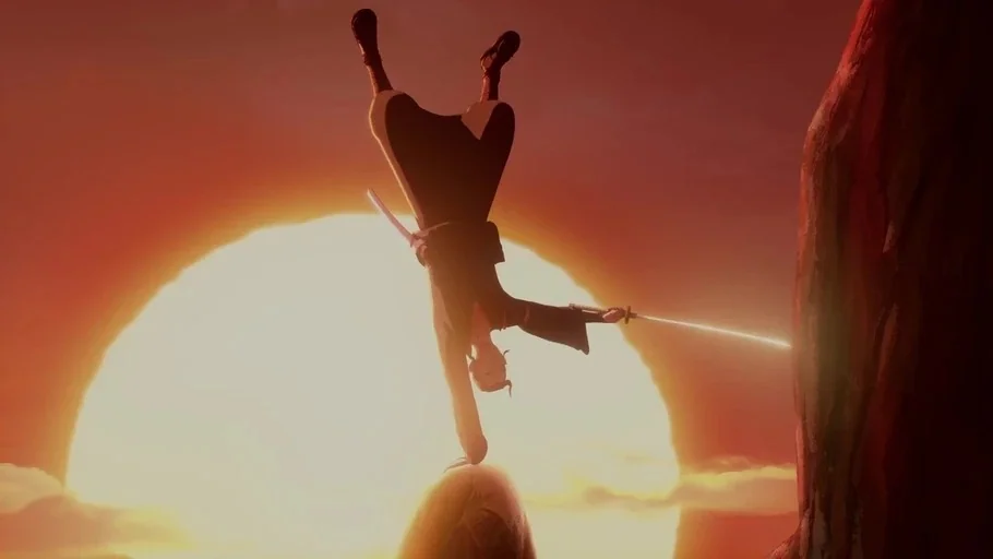 BLUE EYE SAMURAI (2023) movie still: fullbody — A lone warrior balances on the tip of a rugged rock formation at sunset. The character holds a sword…
