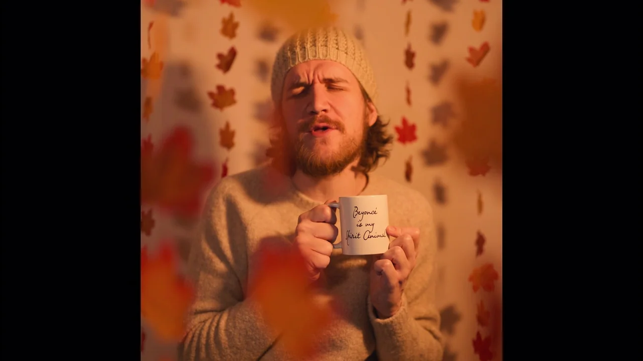 Bo Burnham: Inside (2021) movie still: medium — A man in a beige sweater stands before a wall covered in hanging leaves. He holds a white mug with…