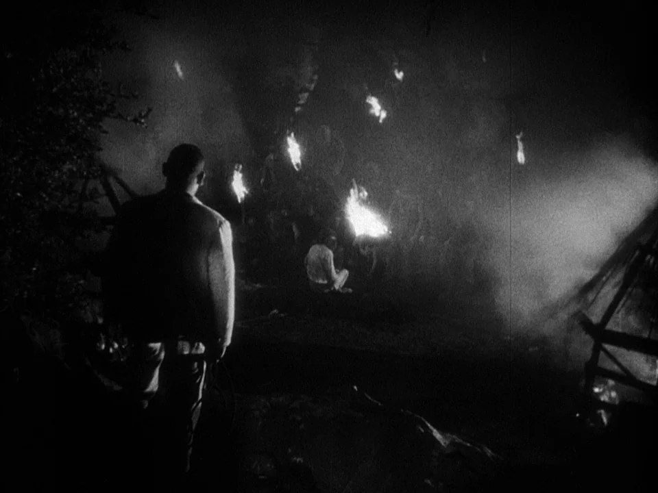Island of Lost Souls (1932) movie still: wide — A dark outdoor camp area features people clustered near flickering torchlight in the distance. A man…