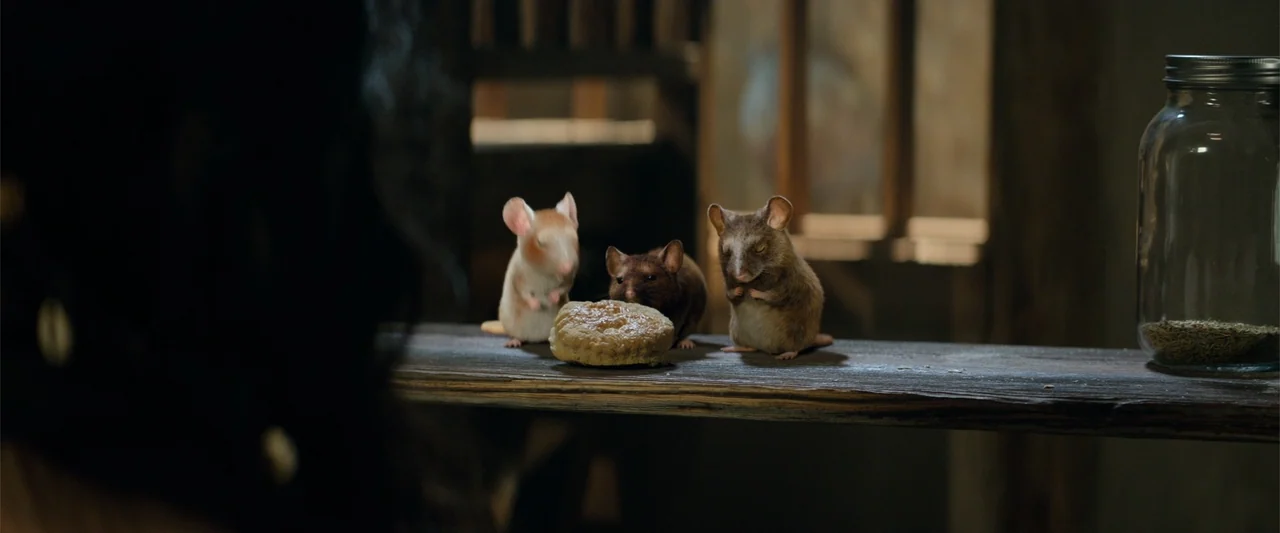 Cinderella (2015) movie still: medium — A wooden pantry shelf holds three small rodents standing near a piece of food. A glass jar with contents…