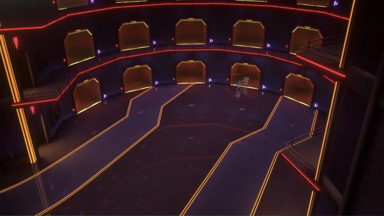 Max Steel: Turbo Warriors (2017) movie still: establishing — A vast circular interior with tiers of recessed doorways outlined in glowing neon…