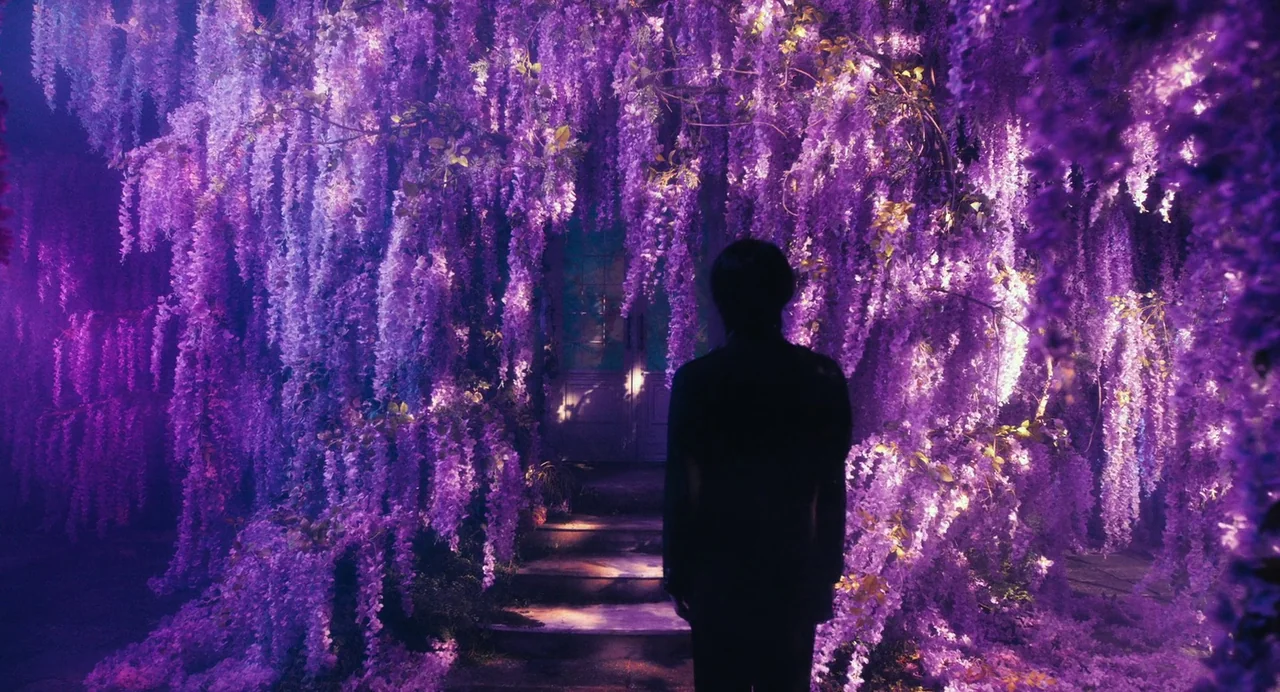 xxxHolic (2022) movie still: fullbody — A dark figure stands before an arched doorway surrounded by dense, hanging purple wisteria blooms. The…