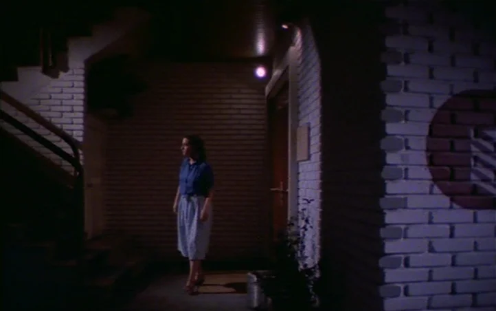 Pepi, Luci, Bom and Other Girls Like Mom (1980) movie still: fullbody — A nighttime exterior of a white brick residential building entrance under…