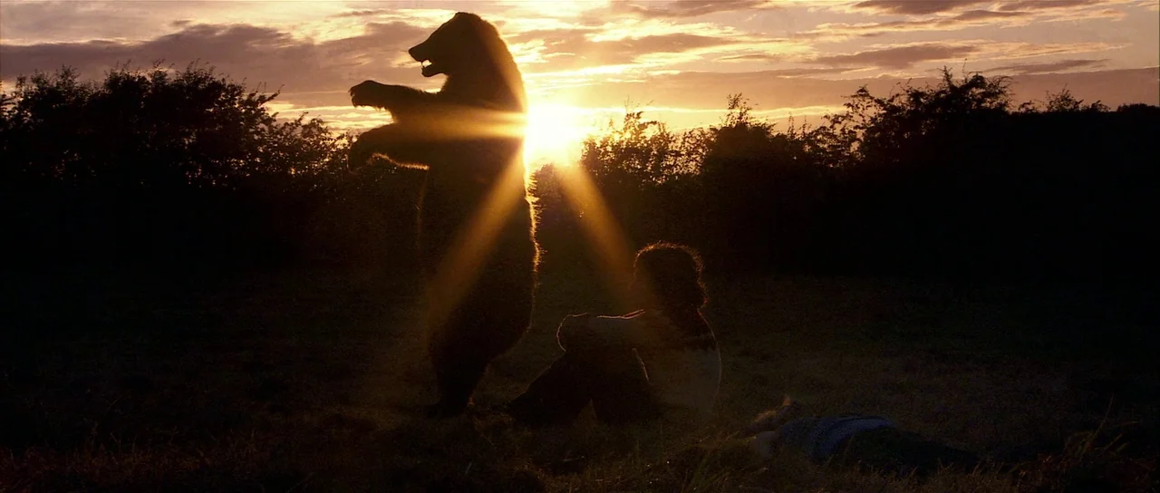 Bunny and the Bull (2009) movie still: wide — An open grassy field during sunset features a silhouette of a large bear. The animal stands upright…