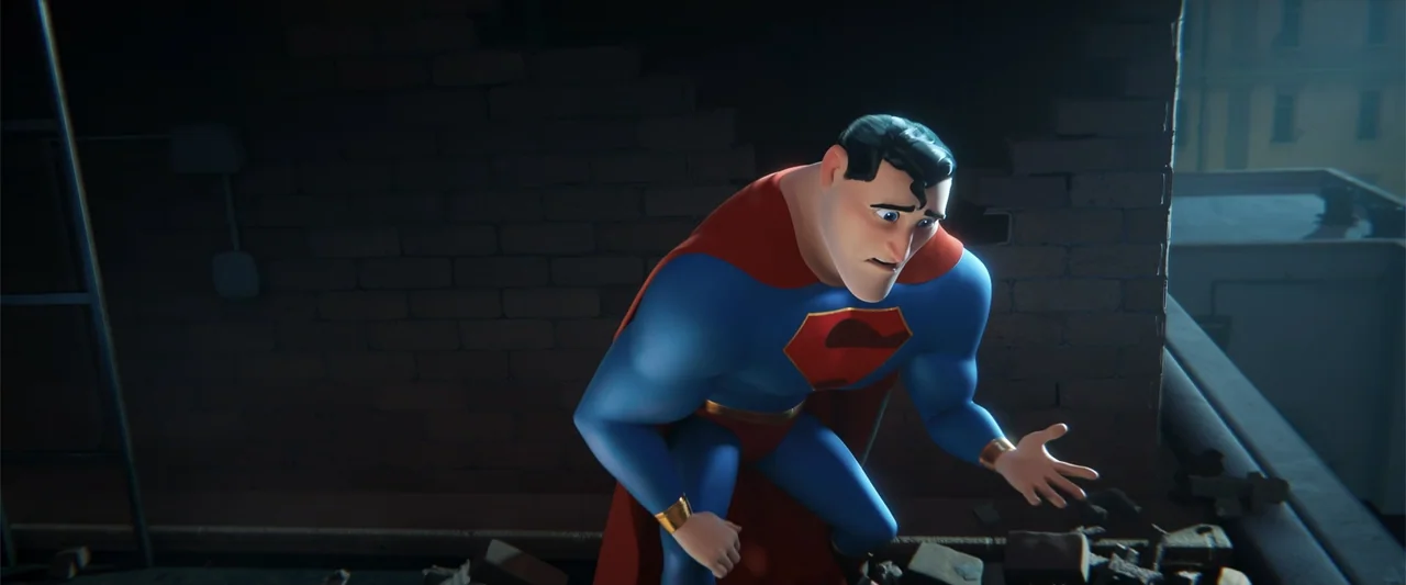 DC League of Super-Pets (2022) movie still: medium — A dark brick rooftop features debris scattered on the ground at night. A muscular superhero in…
