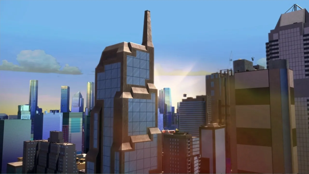 Barbie: Big City, Big Dreams (2021) movie still: establishing — A dense urban skyline features stylized geometric skyscrapers under a clear blue…