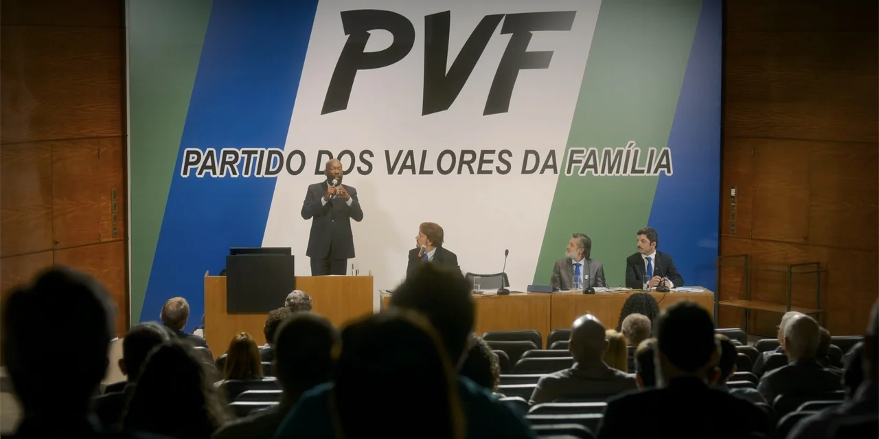 An Unforgettable Year - Summer (2023) movie still: medium — A conference room with a large wall banner displays a political party logo. A man stands…