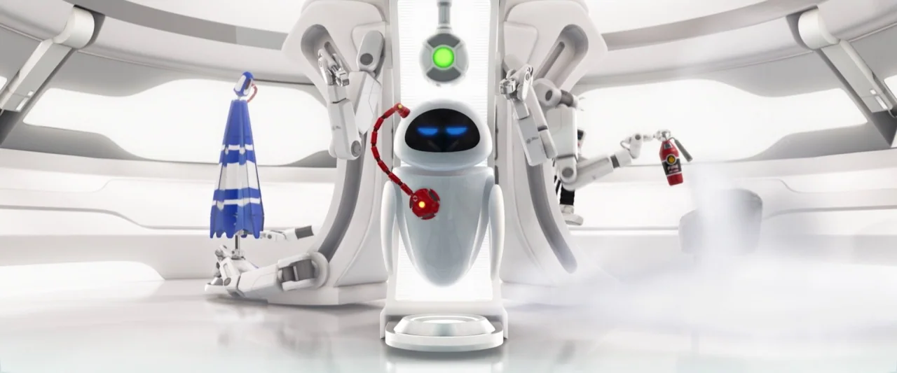Wall-E (2008) movie still: medium — A sterile, white futuristic laboratory environment features modular curves and integrated mechanical service…